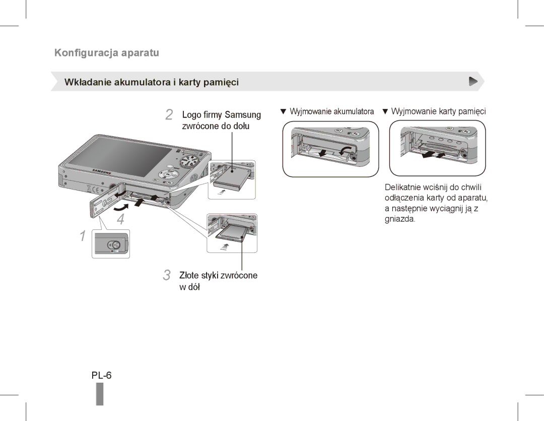 Samsung EC-PL65ZPBP/E1, EC-PL65ZRBP/FR, EC-PL65ZABP/FR Konfiguracja aparatu, PL-6, Wkładanie akumulatora i karty pamięci 