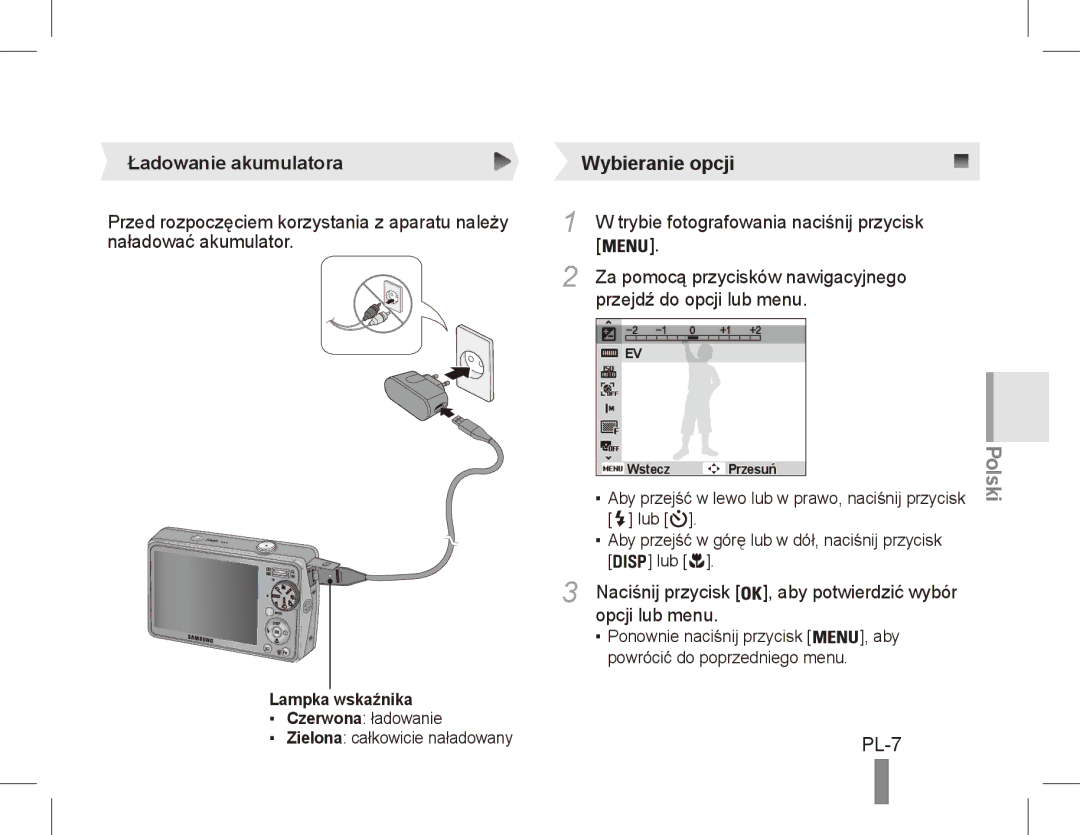 Samsung EC-PL65ZRBP/FR, EC-PL65ZABP/FR, EC-PL65ZSBP/FR, EC-PL65ZBBP/FR, EC-PL65ZPBP/FR manual PL-7, Ładowanie akumulatora 