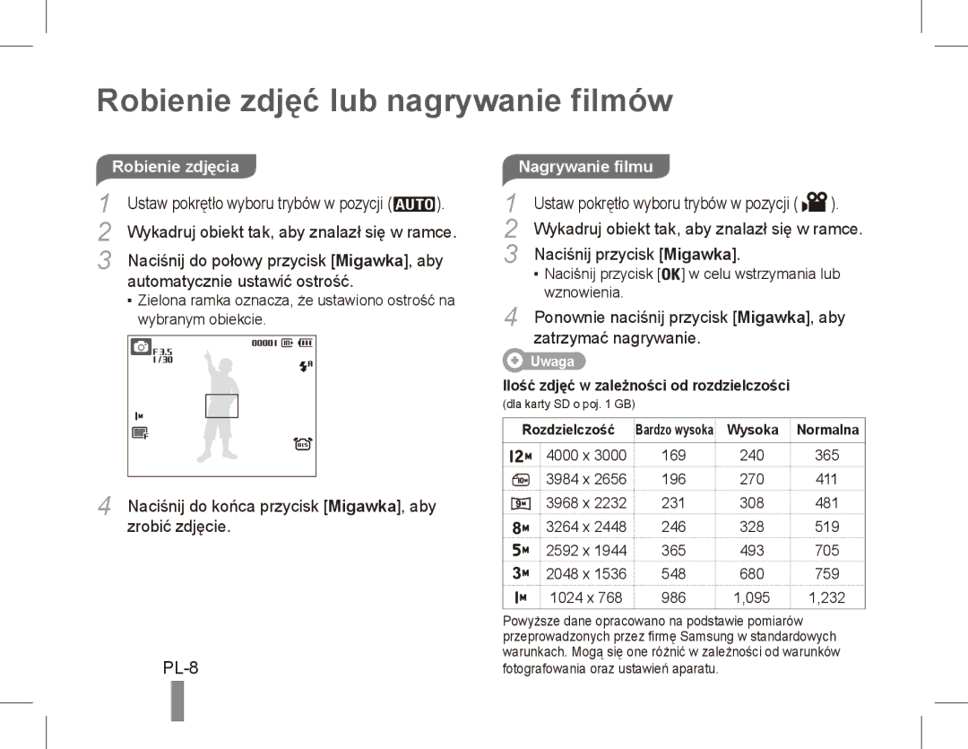 Samsung EC-PL65ZABP/FR, EC-PL65ZRBP/FR, EC-PL65ZSBP/FR manual Robienie zdjęć lub nagrywanie filmów, PL-8, Nagrywanie filmu 