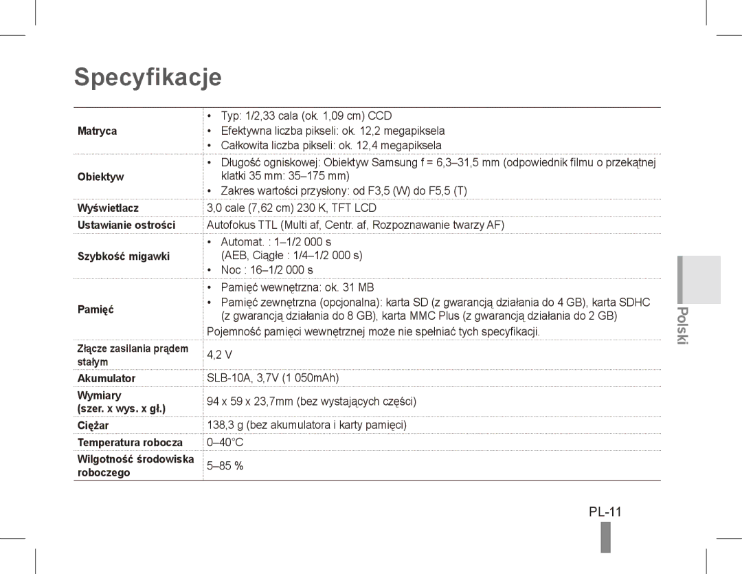 Samsung EC-PL65ZPBP/FR, EC-PL65ZRBP/FR, EC-PL65ZABP/FR, EC-PL65ZSBP/FR, EC-PL65ZBBP/FR, EC-PL65ZABP/IT Specyfikacje, PL-11 