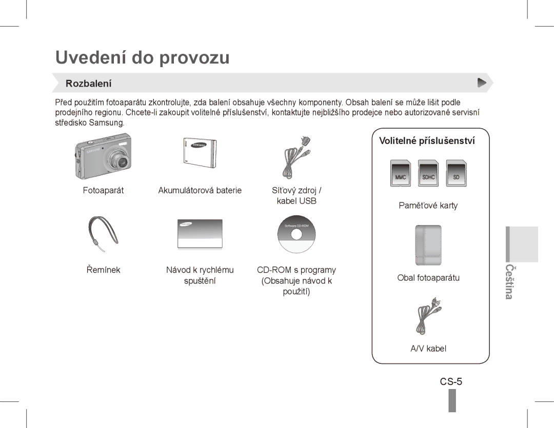 Samsung EC-PL65ZRBA/IT, EC-PL65ZRBP/FR, EC-PL65ZABP/FR manual Uvedení do provozu, CS-5, Rozbalení, Volitelné příslušenství 