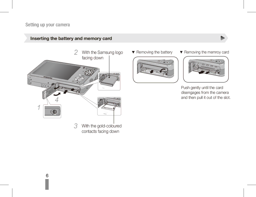 Samsung EC-PL65ZBBP/IT, EC-PL65ZRBP/FR manual Inserting the battery and memory card, With the Samsung logo, Facing down 