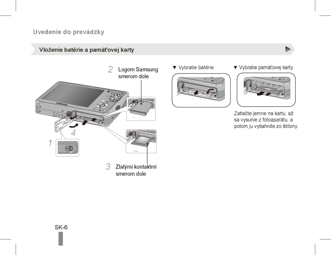 Samsung EC-PL65ZSBP/SA, EC-PL65ZRBP/FR, EC-PL65ZABP/FR manual Uvedenie do prevádzky, SK-6, Vloženie batérie a pamäťovej karty 