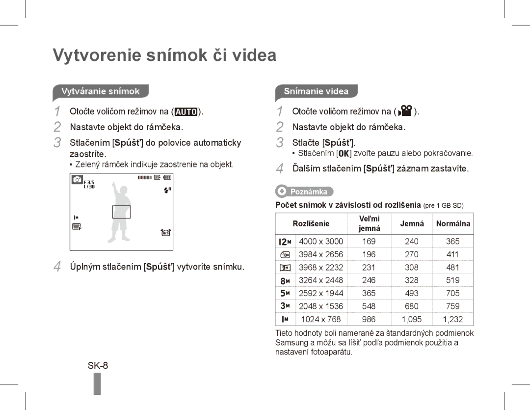 Samsung EC-PL65ZRBP/SA, EC-PL65ZRBP/FR, EC-PL65ZABP/FR, EC-PL65ZSBP/FR manual Vytvorenie snímok či videa, SK-8, Snímanie videa 