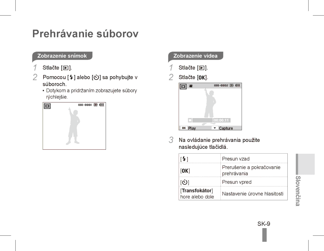 Samsung EC-PL65ZRDP/ME, EC-PL65ZRBP/FR, EC-PL65ZABP/FR Prehrávanie súborov, SK-9, Zobrazenie snímok, Nasledujúce tlačidlá 