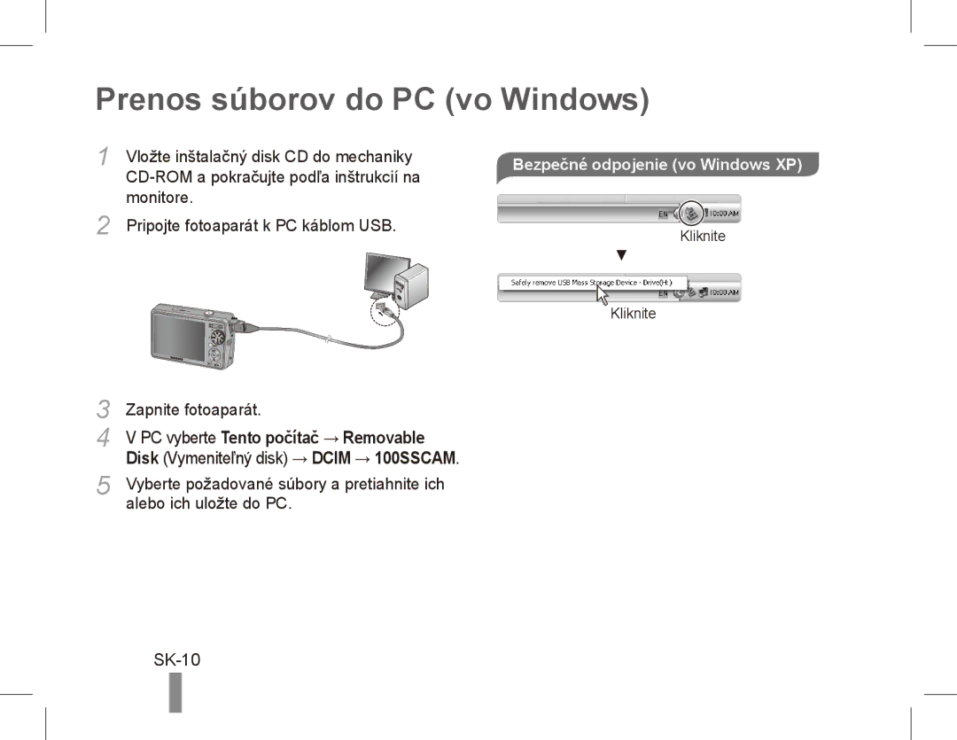 Samsung EC-PL65ZSBP/ME, EC-PL65ZRBP/FR manual Prenos súborov do PC vo Windows, SK-10, Bezpečné odpojenie vo Windows XP 