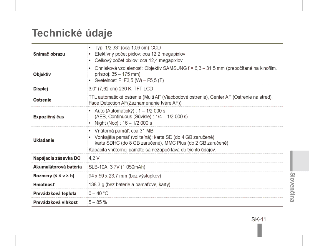 Samsung EC-PL65ZBBP/VN, EC-PL65ZRBP/FR, EC-PL65ZABP/FR, EC-PL65ZSBP/FR, EC-PL65ZBBP/FR, EC-PL65ZPBP/FR Technické údaje, SK-11 