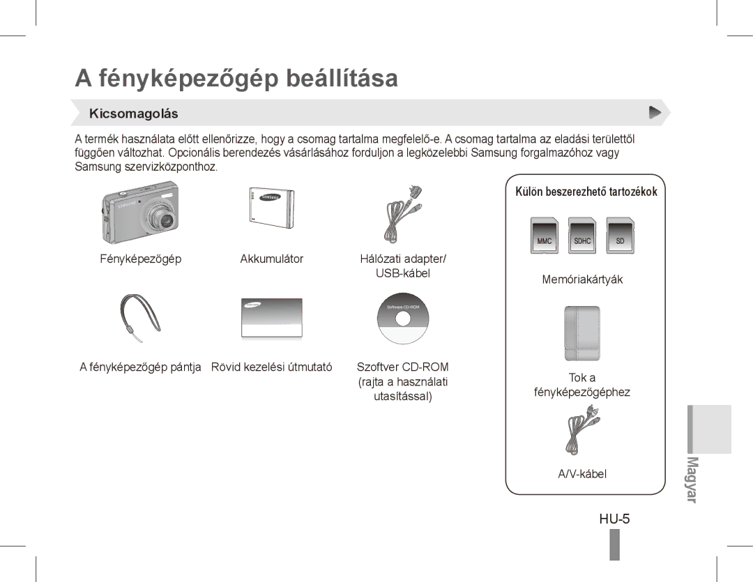 Samsung EC-PL65ZRBP/VN, EC-PL65ZRBP/FR manual Fényképezőgép beállítása, HU-5, Kicsomagolás, Külön beszerezhető tartozékok 