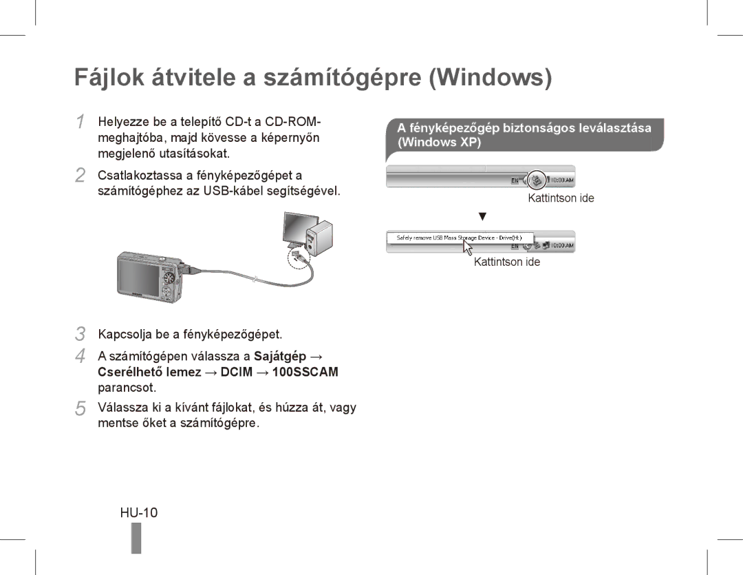 Samsung EC-PL65ZSBP/E3 Fájlok átvitele a számítógépre Windows, HU-10, Fényképezőgép biztonságos leválasztása Windows XP 