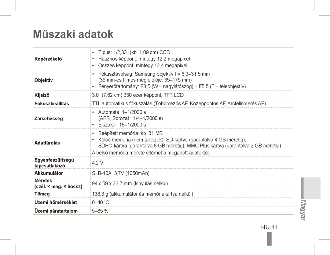 Samsung EC-PL65ZABA/E1, EC-PL65ZRBP/FR, EC-PL65ZABP/FR, EC-PL65ZSBP/FR, EC-PL65ZBBP/FR, EC-PL65ZPBP/FR Műszaki adatok, HU-11 