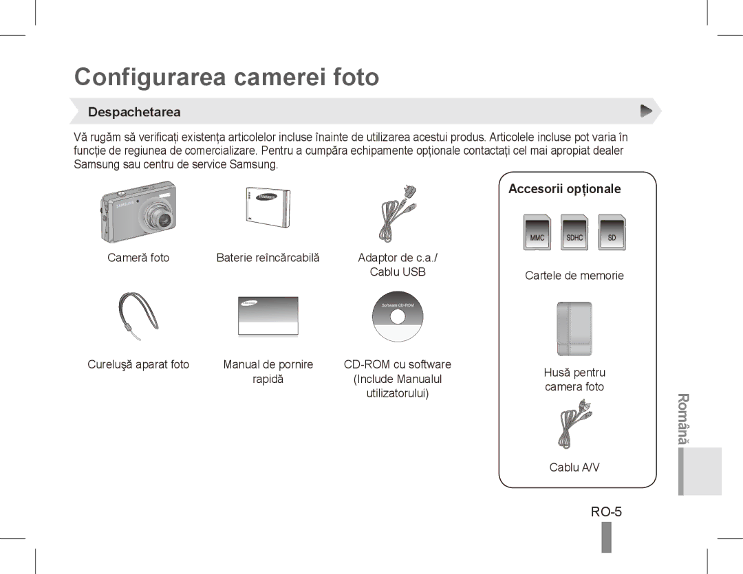 Samsung EC-PL65ZSBP/E2, EC-PL65ZRBP/FR, EC-PL65ZABP/FR Configurarea camerei foto, RO-5, Despachetarea, Accesorii opţionale 