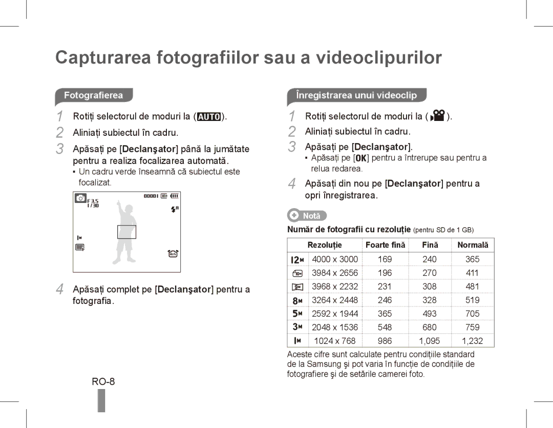 Samsung EC-PL65ZABA/RU, EC-PL65ZRBP/FR, EC-PL65ZABP/FR, EC-PL65ZSBP/FR Capturarea fotografiilor sau a videoclipurilor, RO-8 