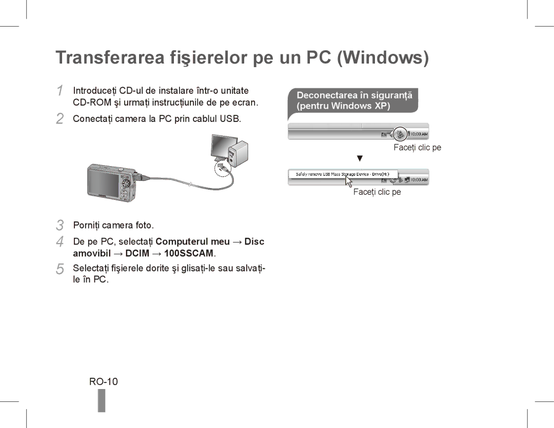 Samsung EC-PL65ZSBP/RU manual Transferarea fişierelor pe un PC Windows, RO-10, Deconectarea în siguranţă pentru Windows XP 