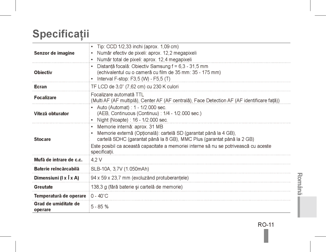 Samsung EC-PL65ZABP/RU, EC-PL65ZRBP/FR, EC-PL65ZABP/FR, EC-PL65ZSBP/FR, EC-PL65ZBBP/FR, EC-PL65ZPBP/FR Specificaţii, RO-11 