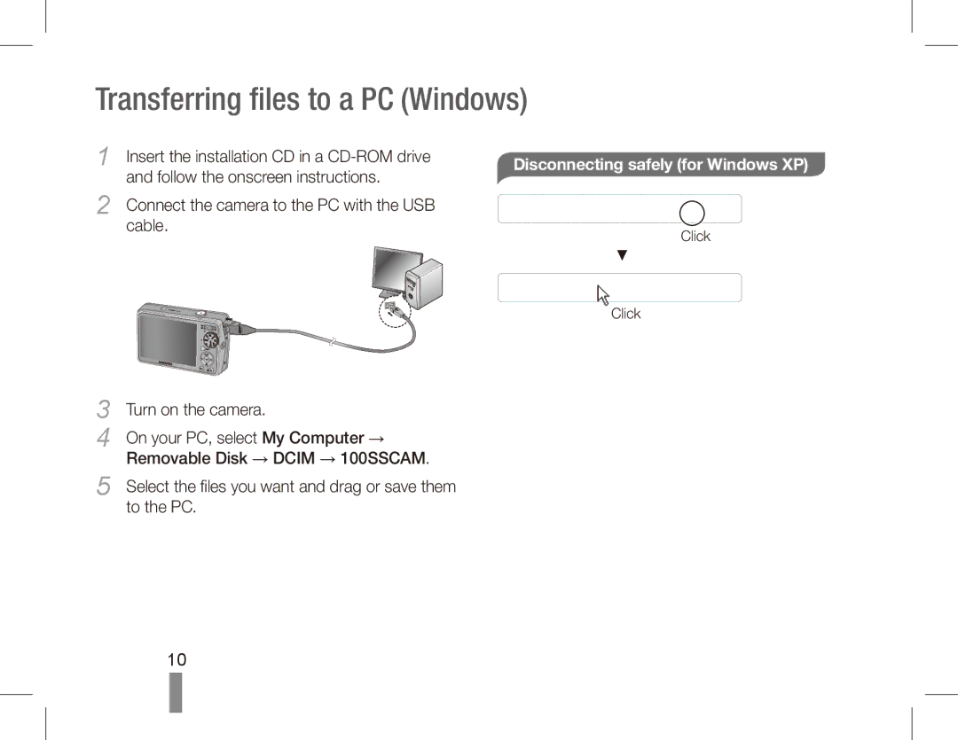 Samsung EC-PL65ZPBP/IT manual Disconnecting safely for Windows XP, Connect the camera to the PC with the USB Cable 