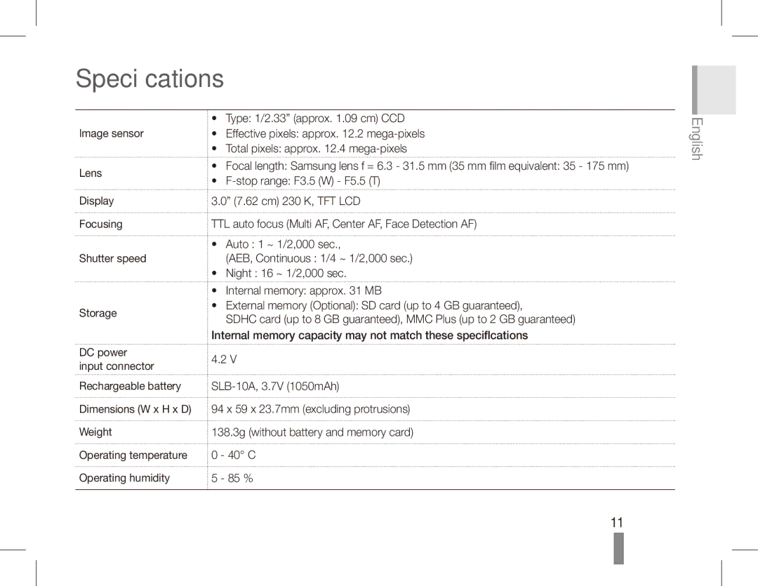 Samsung EC-PL65ZABA/IT, EC-PL65ZRBP/FR, EC-PL65ZABP/FR, EC-PL65ZSBP/FR, EC-PL65ZBBP/FR, EC-PL65ZPBP/FR manual Specifications 