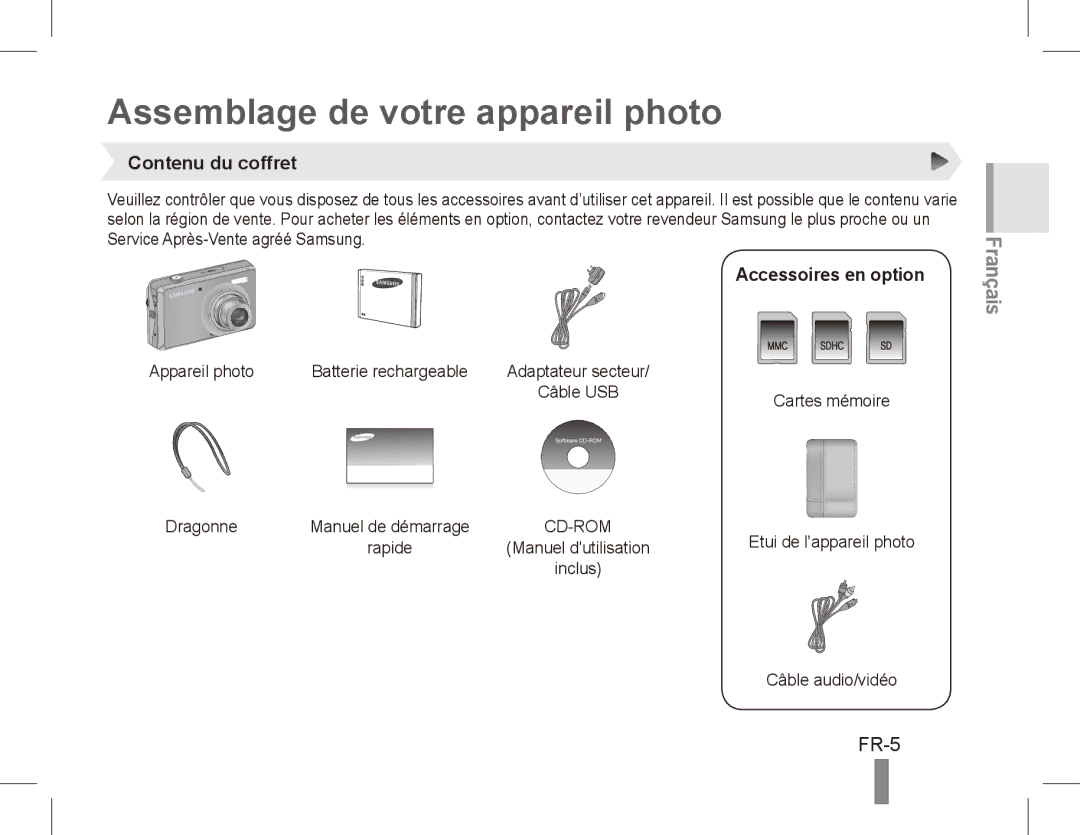 Samsung EC-PL65ZADP/ME, EC-PL65ZRBP/FR Assemblage de votre appareil photo, FR-5, Contenu du coffret, Accessoires en option 