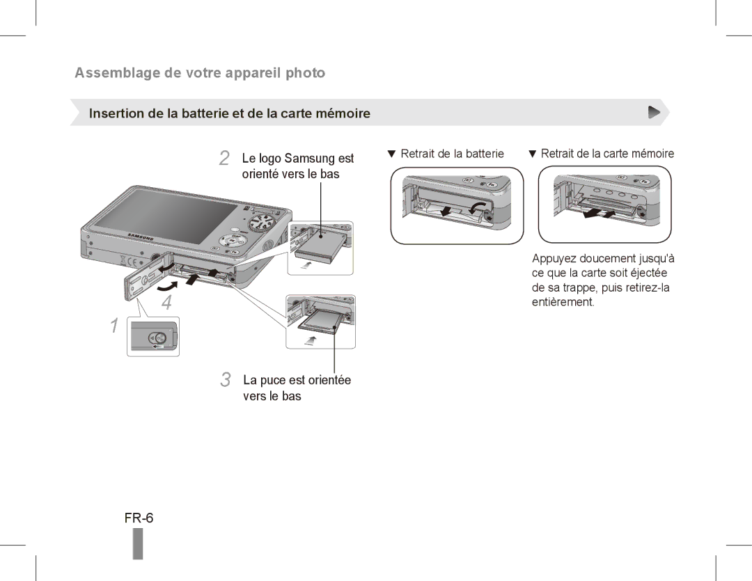 Samsung EC-PL65ZPBP/SA, EC-PL65ZRBP/FR, EC-PL65ZABP/FR, EC-PL65ZSBP/FR FR-6, Insertion de la batterie et de la carte mémoire 