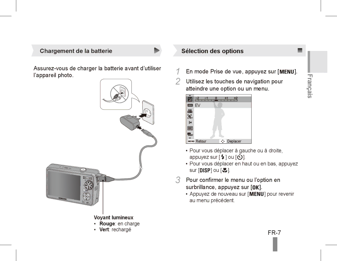 Samsung EC-PL65ZABP/SA FR-7, Chargement de la batterie, En mode Prise de vue, appuyez sur, Atteindre une option ou un menu 