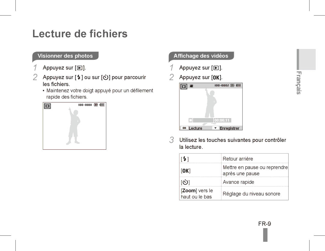 Samsung EC-PL65ZSBP/SA manual Lecture de fichiers, FR-9, Appuyez sur Ou sur pour parcourir Les fichiers, La lecture 