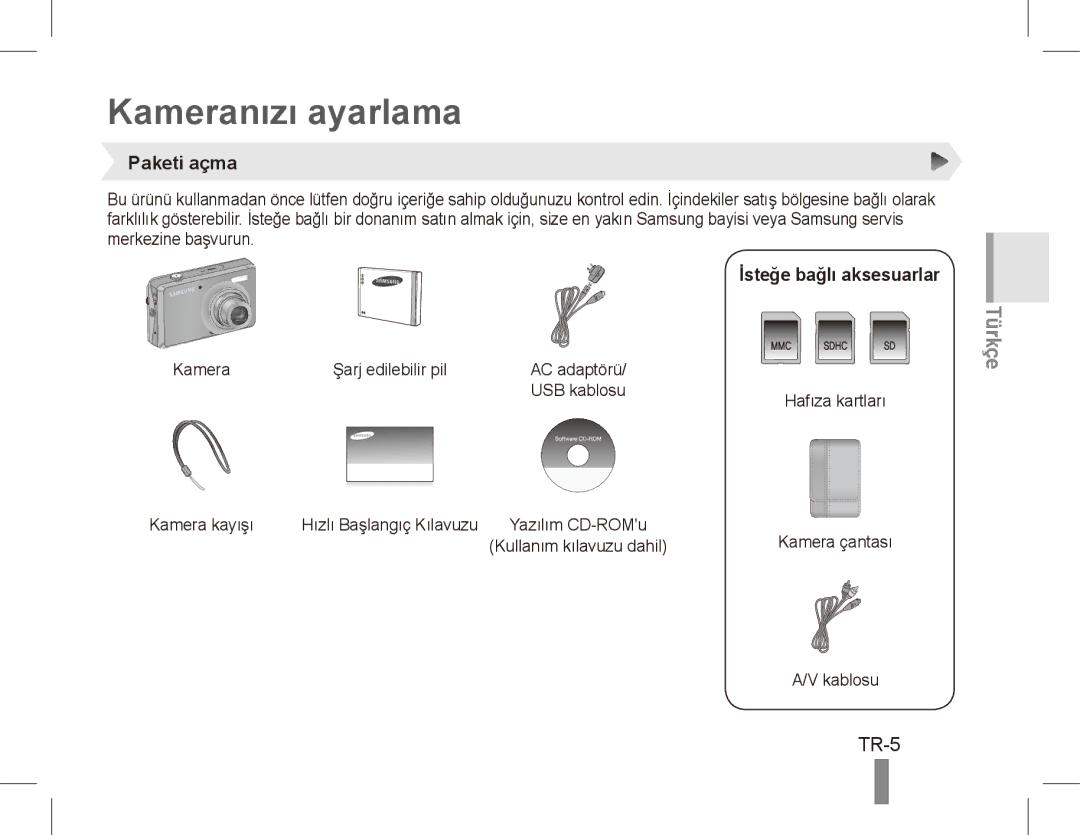 Samsung EC-PL65ZPBP/VN, EC-PL65ZRBP/FR, EC-PL65ZABP/FR Kameranızı ayarlama, TR-5, Paketi açma, İsteğe bağlı aksesuarlar 