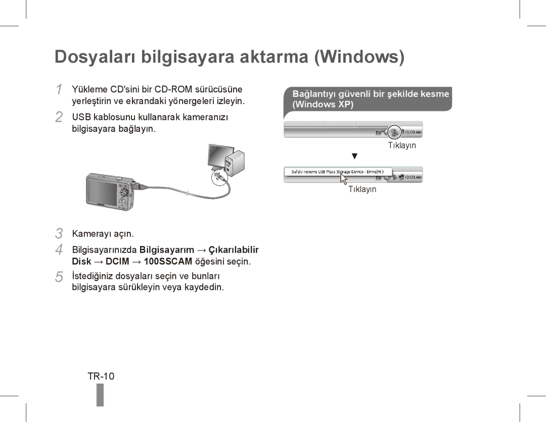 Samsung EC-PL65ZABP/E3 manual Dosyaları bilgisayara aktarma Windows, TR-10, Bağlantıyı güvenli bir şekilde kesme Windows XP 