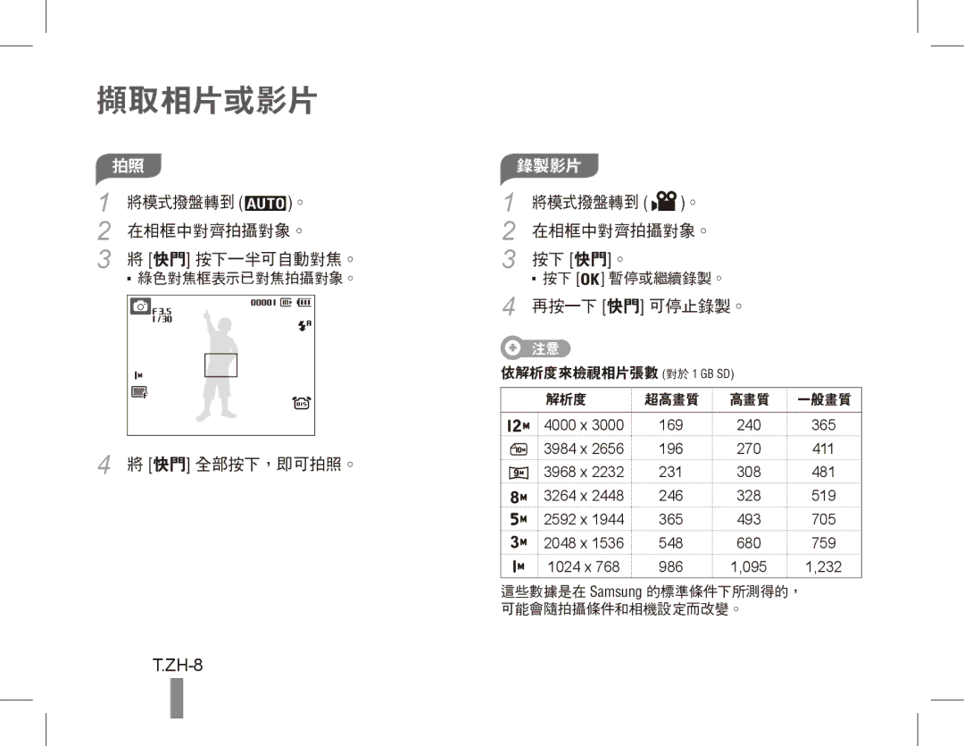 Samsung EC-PL65ZSBP/E2, EC-PL65ZRBP/FR, EC-PL65ZABP/FR, EC-PL65ZSBP/FR, EC-PL65ZBBP/FR, EC-PL65ZPBP/FR manual 擷取相片或影片, ZH-8 