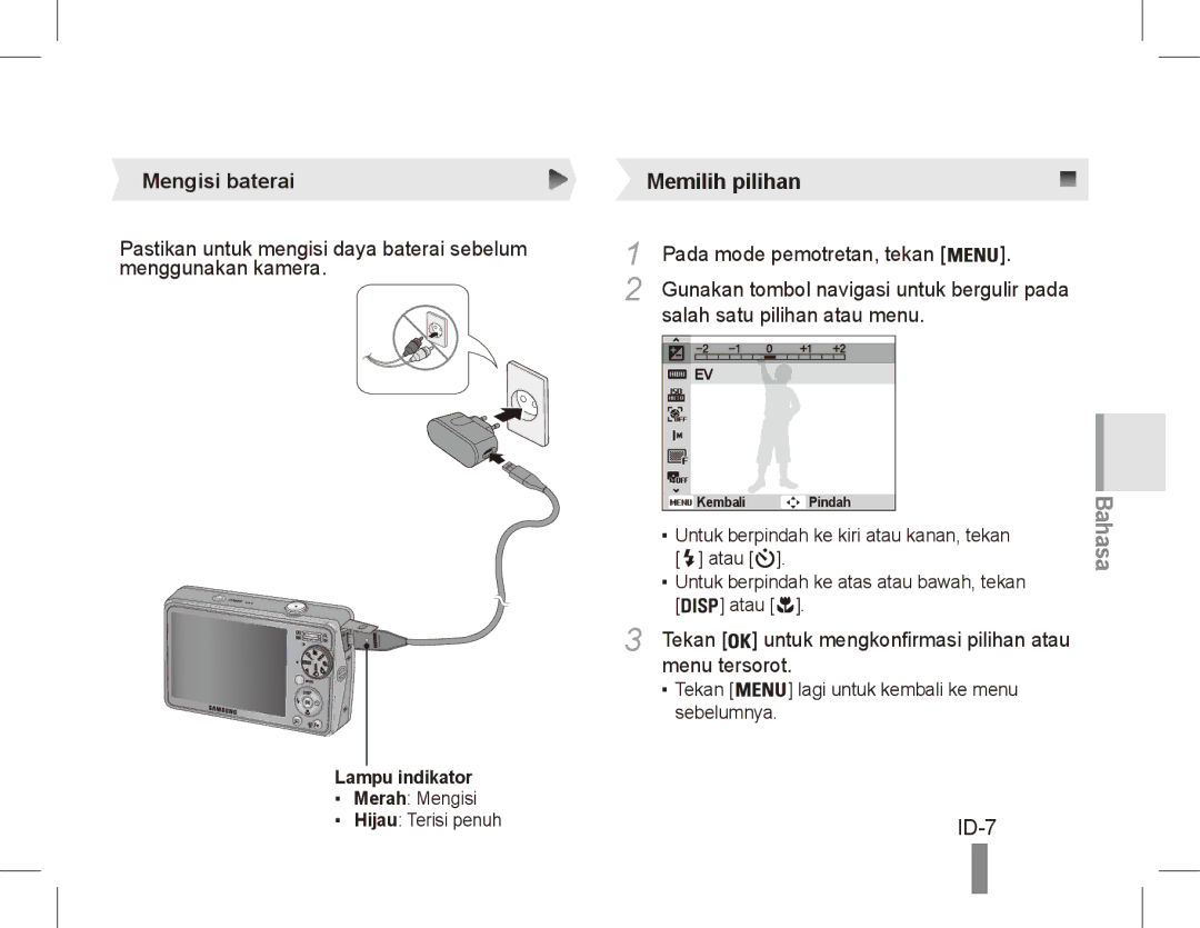 Samsung EC-PL65ZRBP/FR ID-7, Mengisi baterai, Pada mode pemotretan, tekan, Salah satu pilihan atau menu, Menu tersorot 