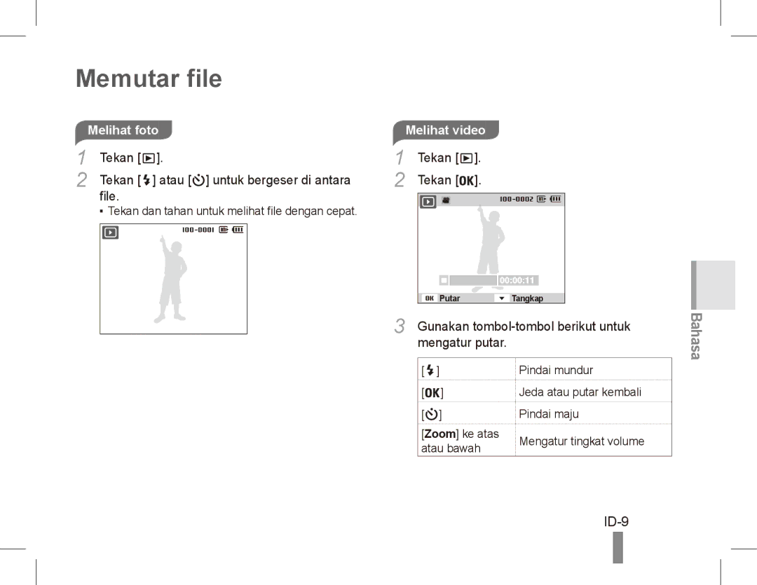 Samsung EC-PL65ZSBP/FR, EC-PL65ZRBP/FR manual Memutar file, ID-9, Melihat foto, Tekan Atau untuk bergeser di antara File 