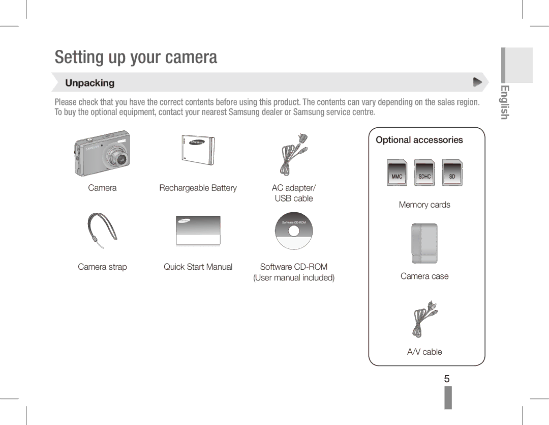 Samsung EC-PL65ZABP/IT, EC-PL65ZRBP/FR, EC-PL65ZABP/FR, EC-PL65ZSBP/FR, EC-PL65ZBBP/FR manual Unpacking, Optional accessories 