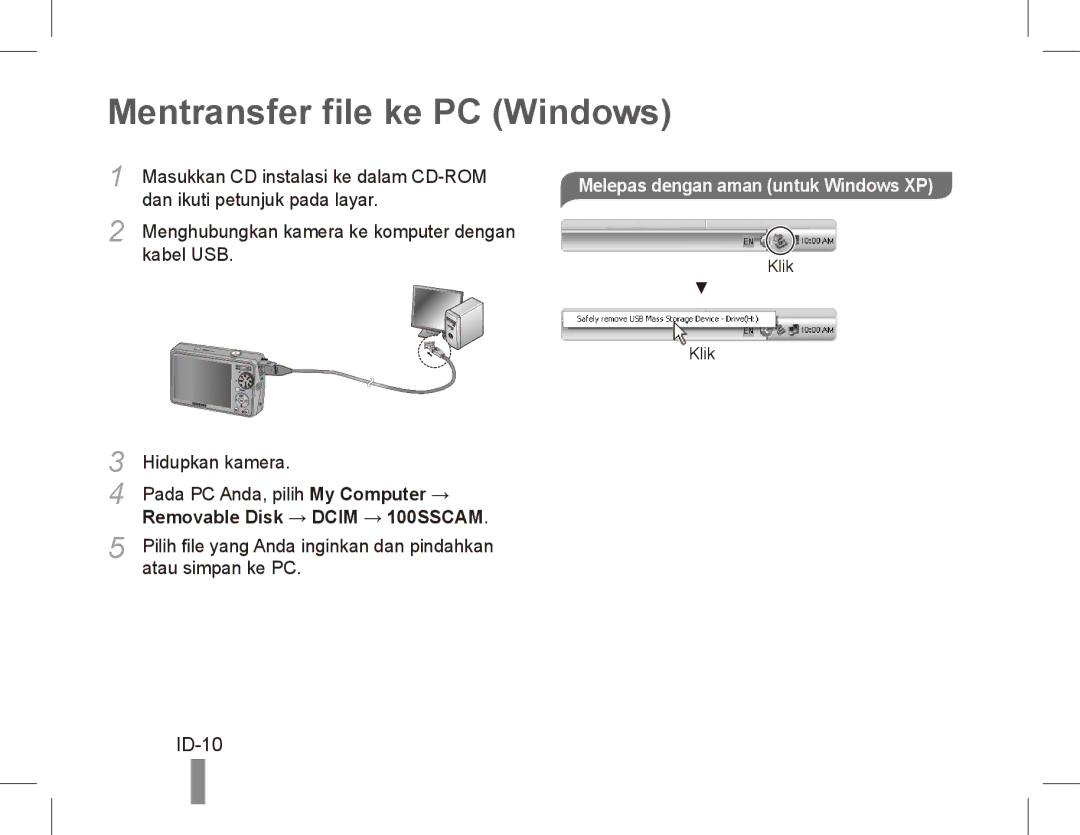 Samsung EC-PL65ZBBP/FR, EC-PL65ZRBP/FR manual Mentransfer file ke PC Windows, ID-10, Melepas dengan aman untuk Windows XP 