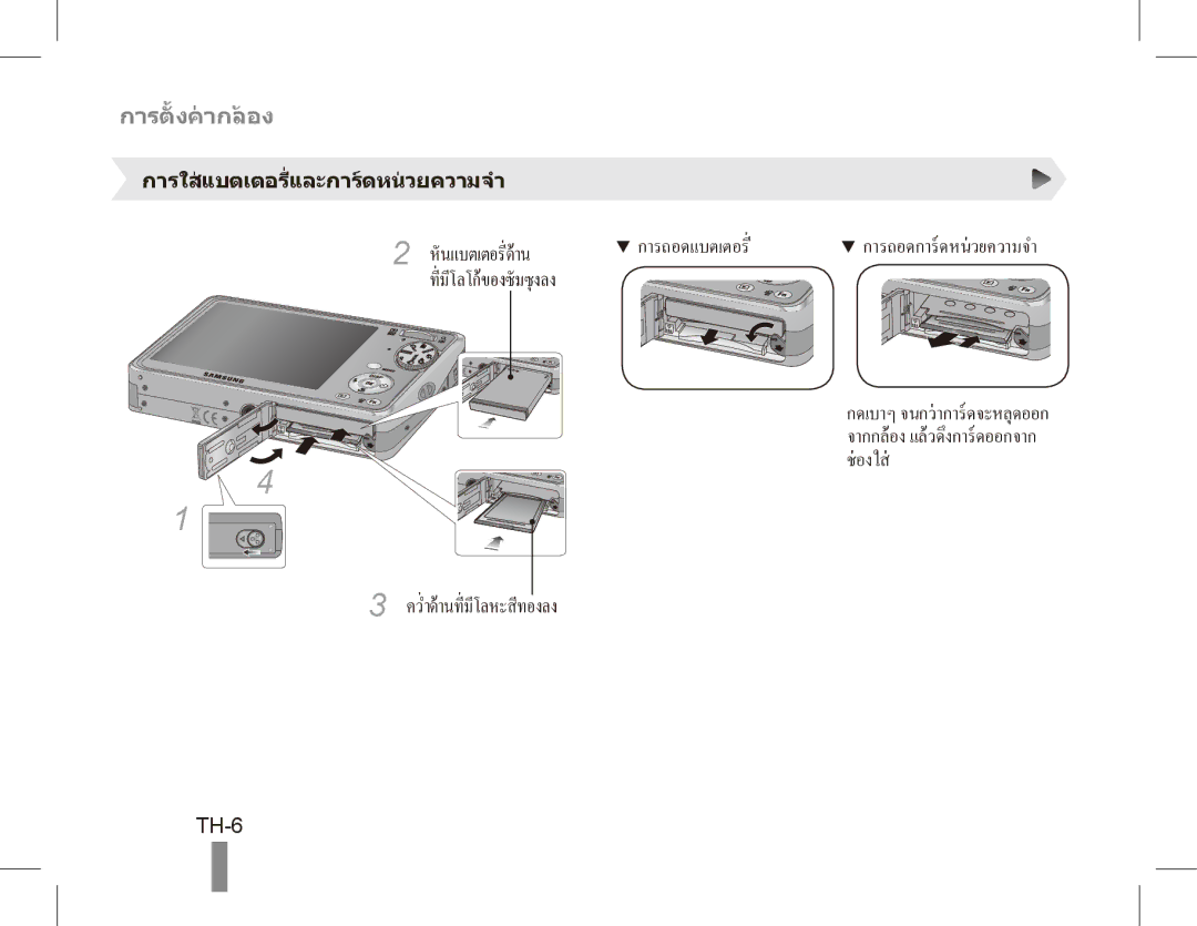 Samsung EC-PL65ZSBP/SA, EC-PL65ZRBP/FR, EC-PL65ZABP/FR, EC-PL65ZSBP/FR manual TH-6, การใสแบตเตอรี่และการดหนวยความจำ 