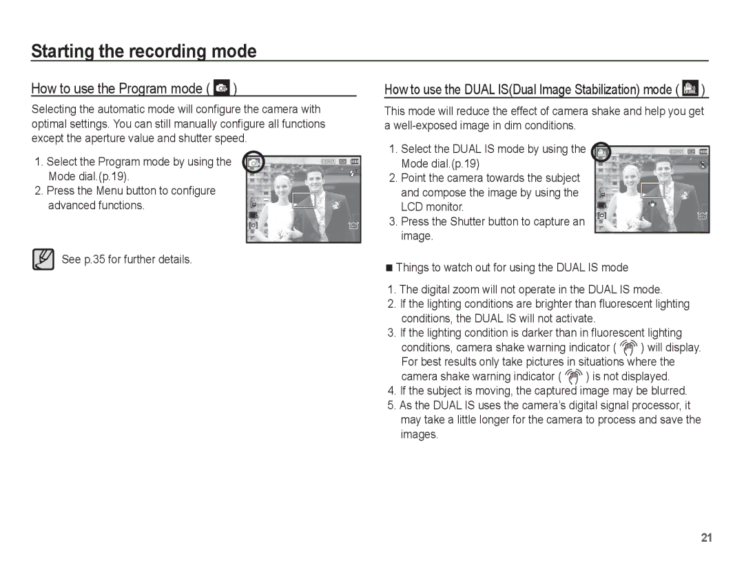 Samsung EC-PL65ZBBP/ME, EC-PL65ZRBP/FR How to use the Program mode, How to use the Dual ISDual Image Stabilization mode 