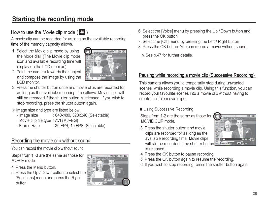 Samsung EC-PL65ZBBP/VN, EC-PL65ZRBP/FR How to use the Movie clip mode, Recording the movie clip without sound, Frame Rate 