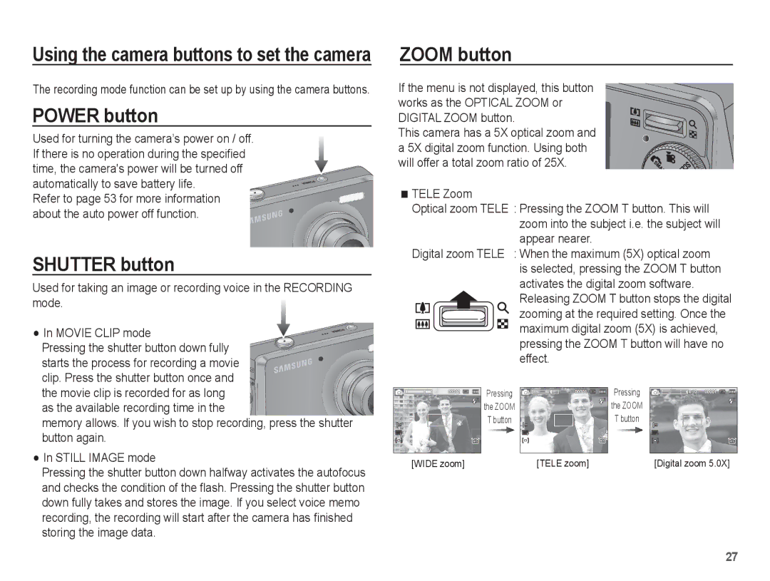 Samsung EC-PL65ZSBP/VN, EC-PL65ZRBP/FR, EC-PL65ZABP/FR, EC-PL65ZSBP/FR manual Power button, Shutter button, Zoom button 