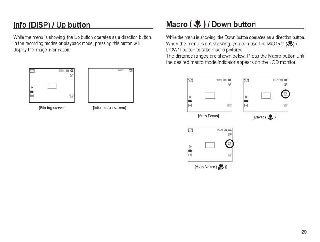 Samsung EC-PL65ZRBP/VN, EC-PL65ZRBP/FR, EC-PL65ZABP/FR, EC-PL65ZSBP/FR manual Info Disp / Up button, Macro / Down button 