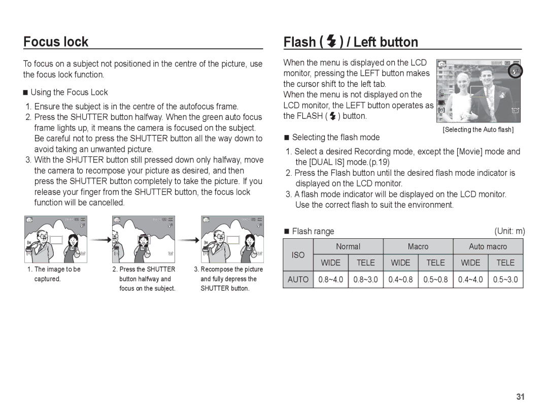 Samsung EC-PL65ZABP/E3 manual Focus lock, Flash / Left button, Flash range, Normal Macro Auto macro, ~4.0 ~3.0 ~0.8 