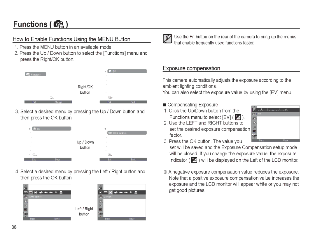 Samsung EC-PL65ZBBP/E2, EC-PL65ZRBP/FR, EC-PL65ZABP/FR How to Enable Functions Using the Menu Button, Exposure compensation 