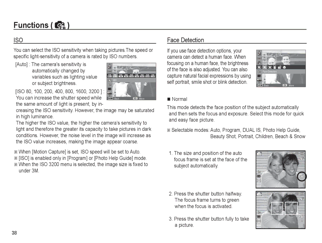 Samsung EC-PL65ZABP/E2 Face Detection, Or subject brightness, When Motion Capture is set, ISO speed will be set to Auto 