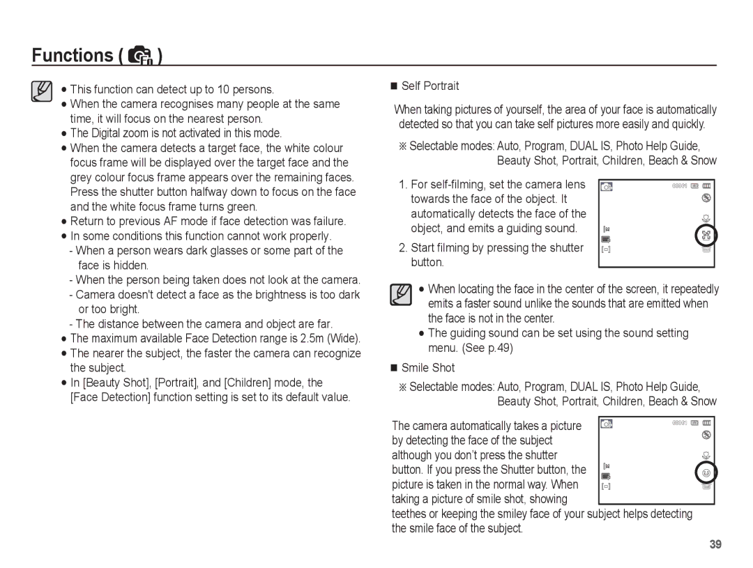 Samsung EC-PL65ZSBP/E2 manual This function can detect up to 10 persons, Digital zoom is not activated in this mode 