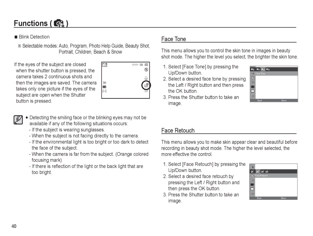 Samsung EC-PL65ZBBA/RU, EC-PL65ZRBP/FR, EC-PL65ZABP/FR, EC-PL65ZSBP/FR, EC-PL65ZBBP/FR, EC-PL65ZPBP/FR manual Face Retouch 