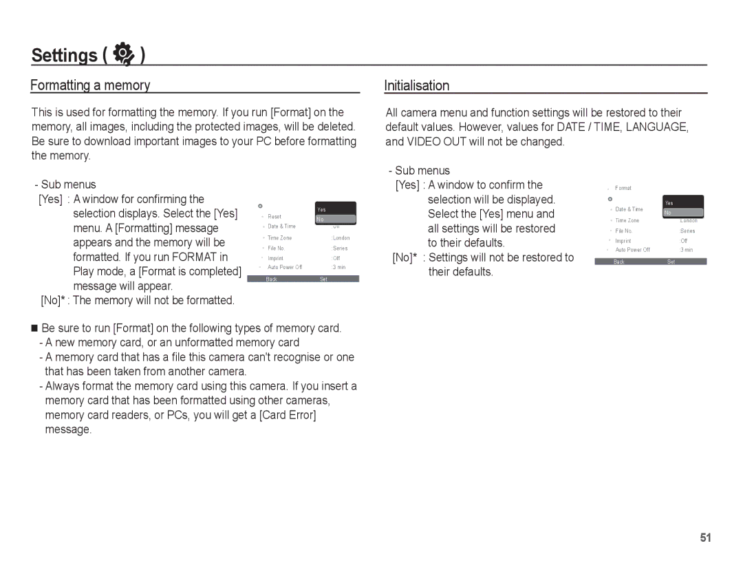 Samsung EC-PL65ZBBP/FR manual Formatting a memory, Initialisation, No* Settings will not be restored to their defaults 