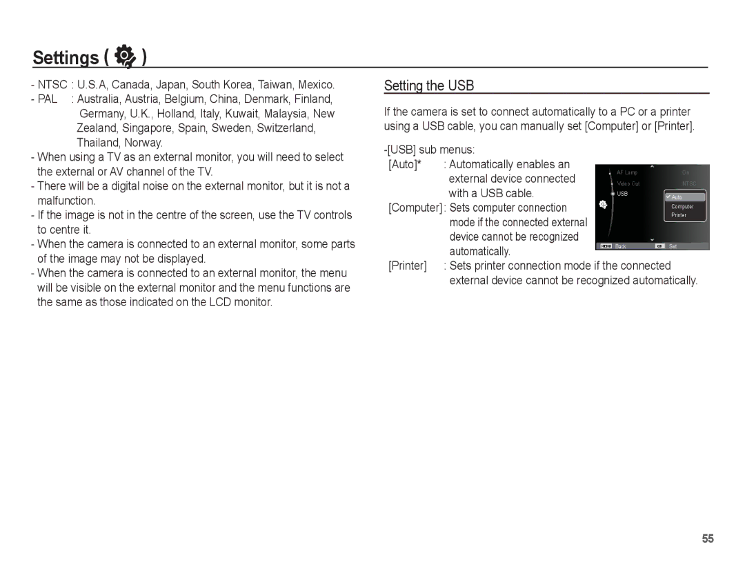 Samsung EC-PL65ZBBA/IT manual Setting the USB, USB sub menus Auto Automatically enables an, With a USB cable, Printer 