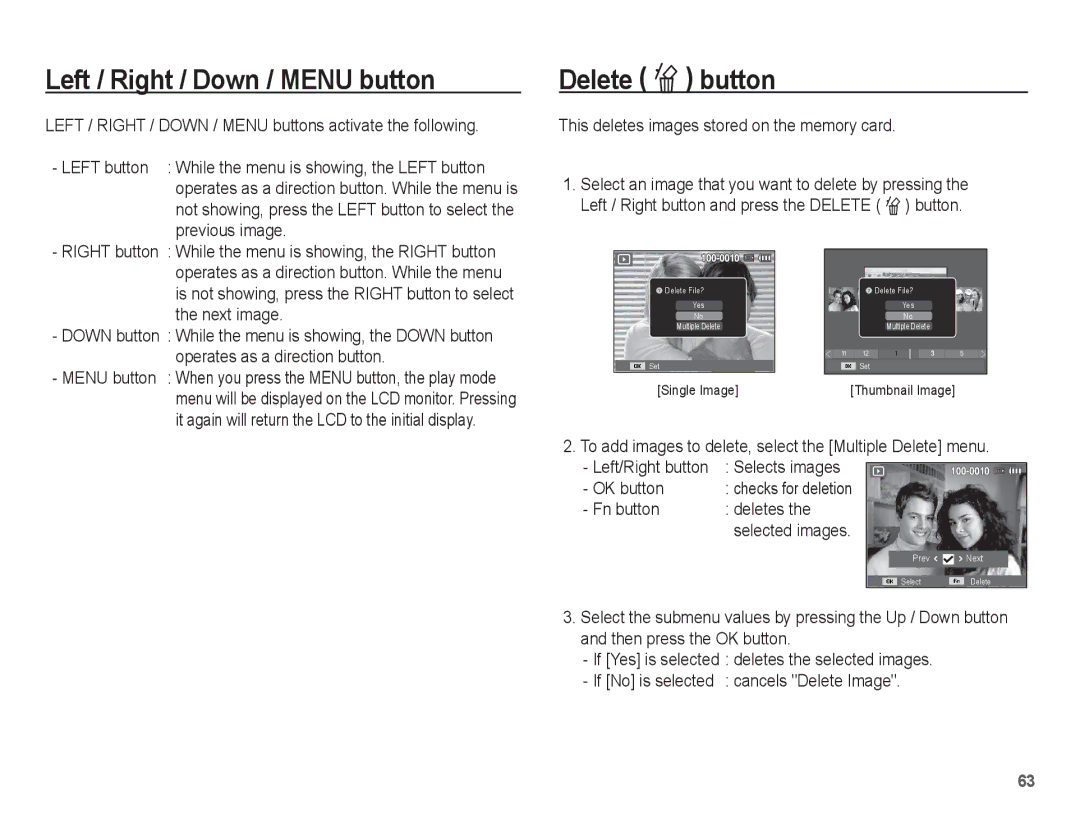 Samsung EC-PL65ZABP/ME Left / Right / Down / Menu button, Delete Õ button, This deletes images stored on the memory card 