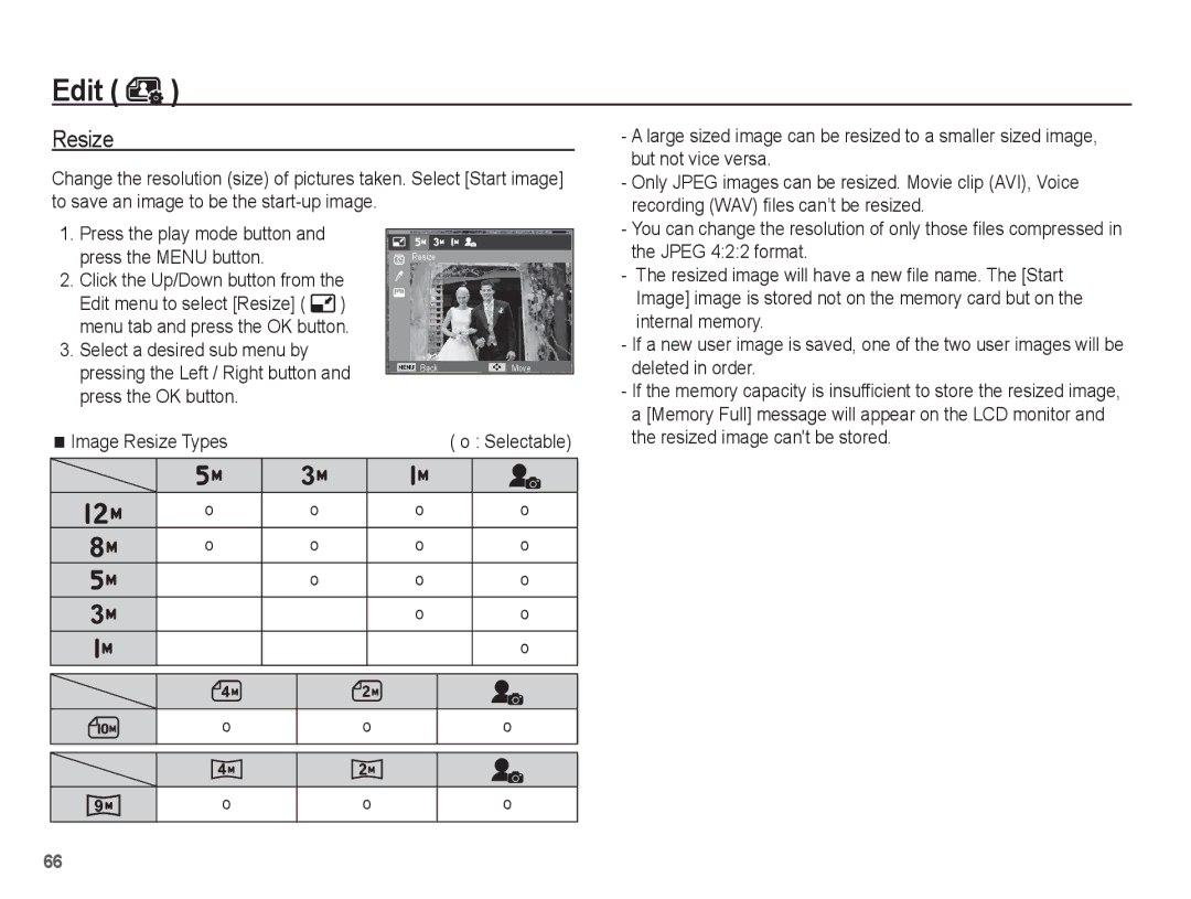 Samsung EC-PL65ZPBP/SA, EC-PL65ZRBP/FR, EC-PL65ZABP/FR, EC-PL65ZSBP/FR, EC-PL65ZBBP/FR, EC-PL65ZPBP/FR manual Edit, Resize 