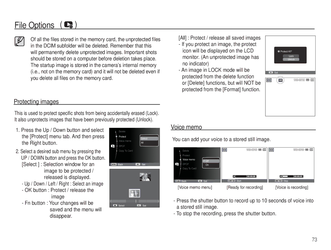 Samsung EC-PL65ZSBP/ME Protecting images, You can add your voice to a stored still image, Image to be protected, Disappear 