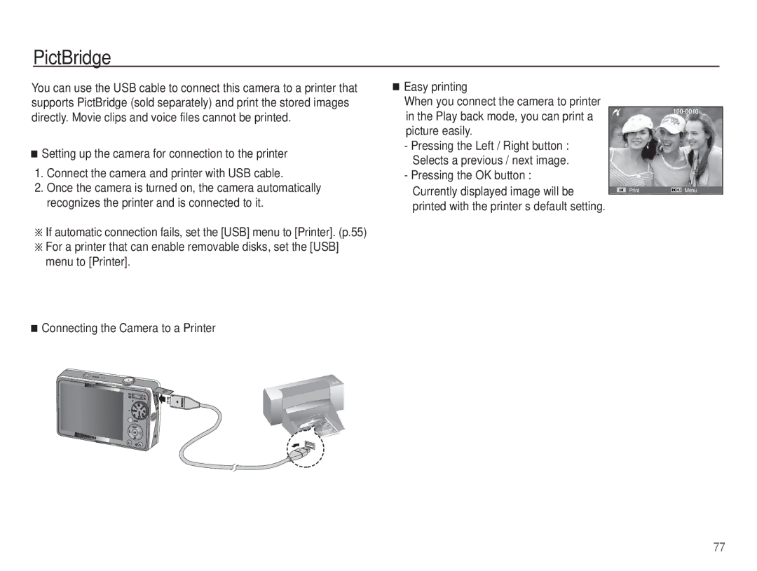 Samsung EC-PL65ZABP/VN, EC-PL65ZRBP/FR, EC-PL65ZABP/FR, EC-PL65ZSBP/FR, EC-PL65ZBBP/FR, EC-PL65ZPBP/FR manual PictBridge 