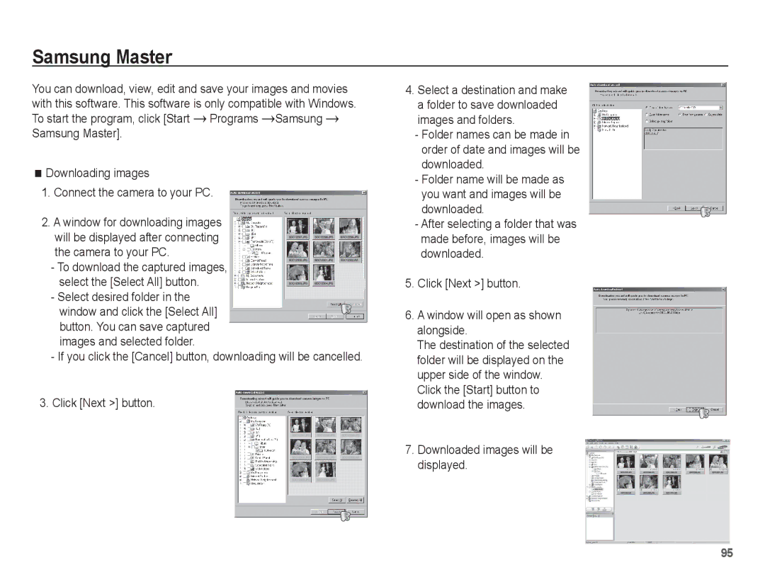 Samsung EC-PL65ZABP/E1, EC-PL65ZRBP/FR manual Samsung Master, Click Next button, Downloaded images will be displayed 