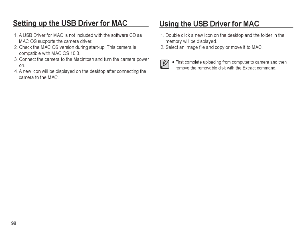 Samsung EC-PL65ZABP/FR, EC-PL65ZRBP/FR, EC-PL65ZSBP/FR manual Setting up the USB Driver for MAC, Using the USB Driver for MAC 