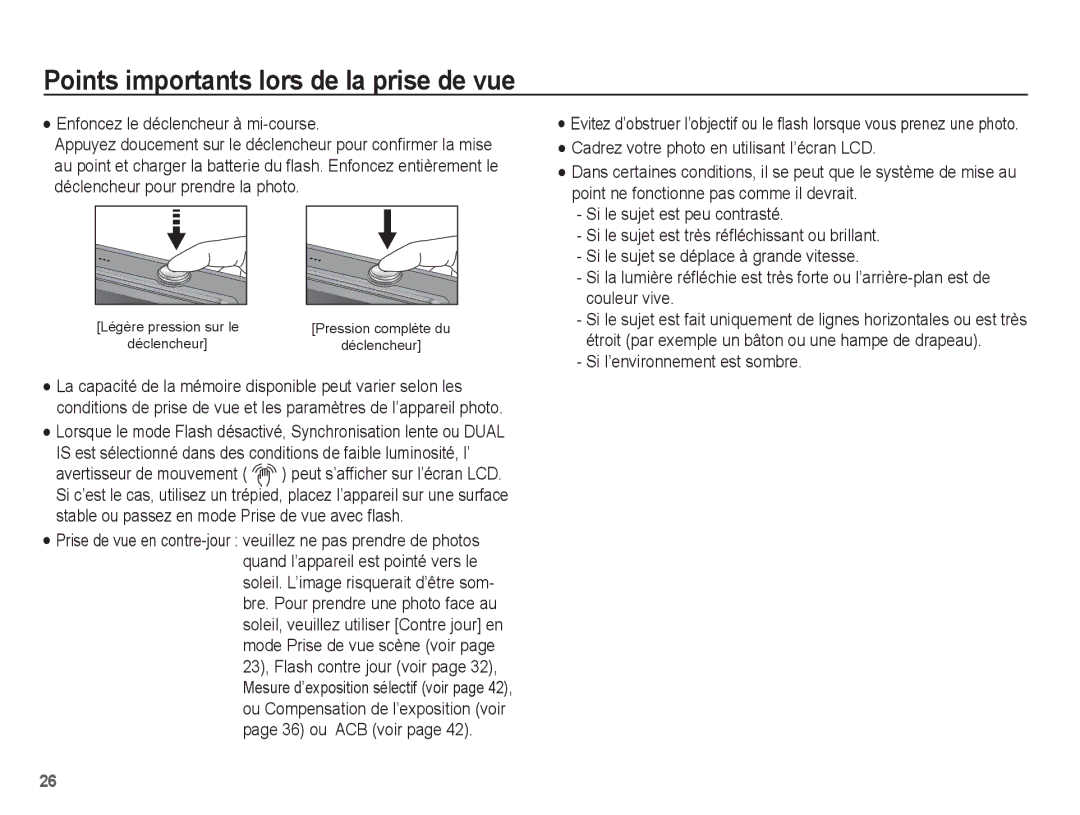 Samsung EC-PL65ZSBP/FR, EC-PL65ZRBP/FR manual Points importants lors de la prise de vue, Enfoncez le déclencheur à mi-course 